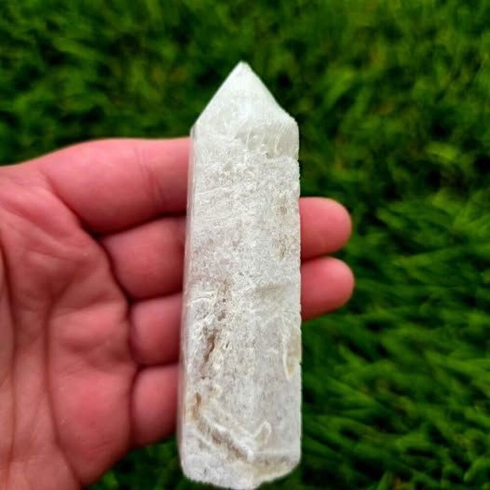 White Satin Spar Crystal Tower Point